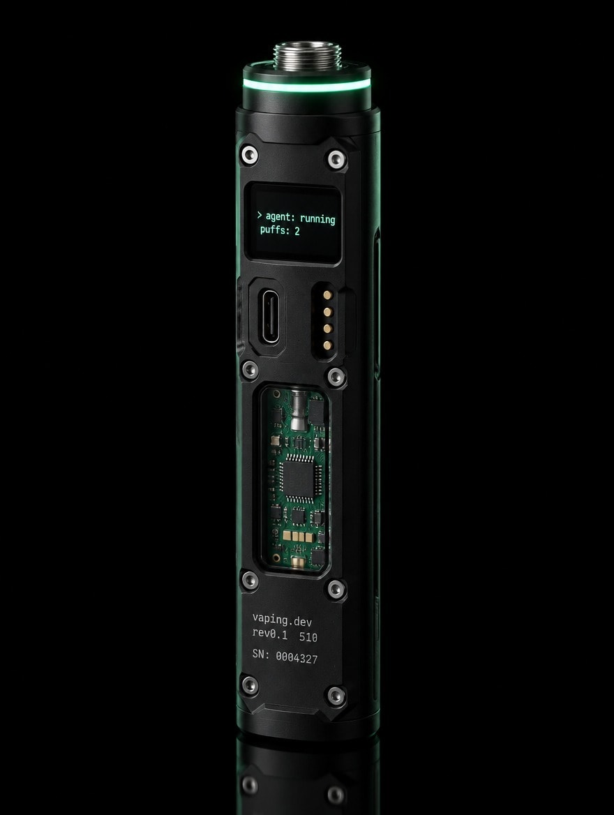 Programmable 510 vape battery with an OLED screen, exposed circuit board, and USB-C port
